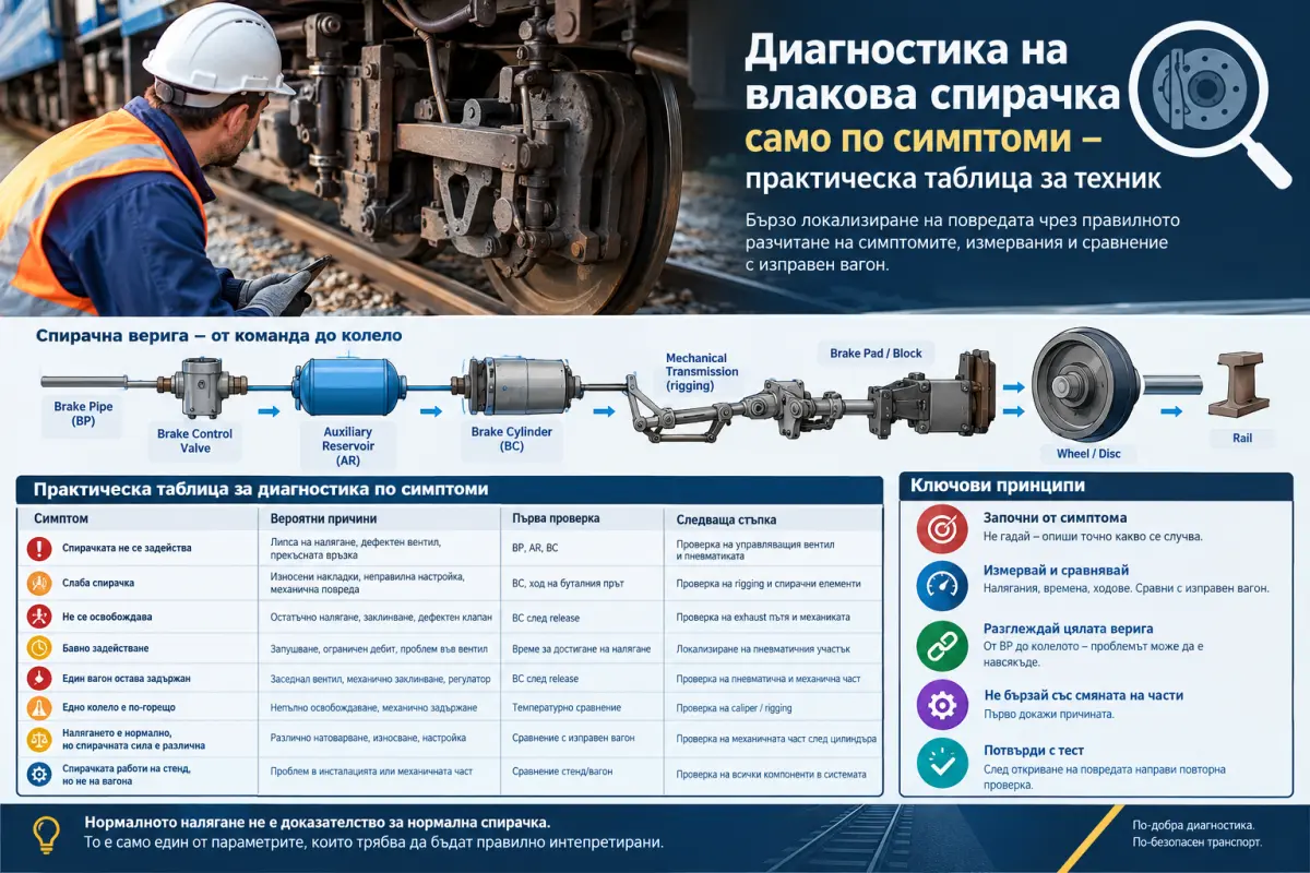 Диагностика на влакова спирачка само по симптоми – практическа таблица за техник